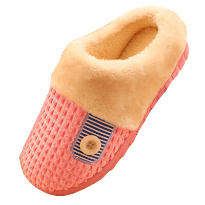 

Women Men Winter Slippers Warm Fleece Grid Buttons Soft Indoor Home Shoes