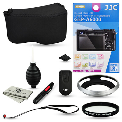 

JJC SM2E Sony A6300 A6000 16-50mm lens kit accessories camera bag gold foil hood shutter remote control UV filter hot shoe cover cleaning kit