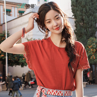 

INMAN 2018 summer new round neck lace bat sleeve loose T-shirt female 1882022079 jam red