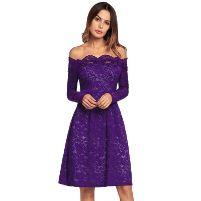 

Try Everything Slash Neck Lace Dress Women Long Sleeve Purple Elagant Evening Party Dress 2018 Summer Dresses And Sundresses