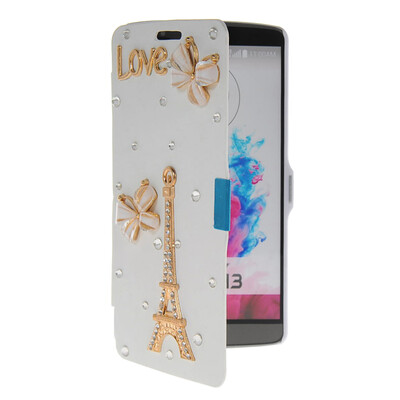 

MOONCASE Bling Rhinestone Crystal Ultre Slim Leather Side Flip Wallet Shell Back Case Cover for LG G3 White