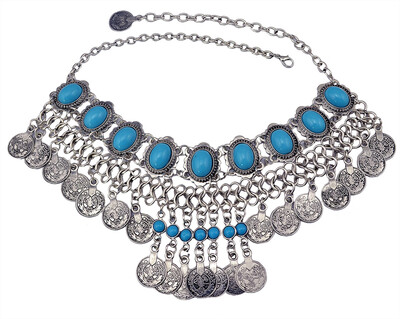 

Bohemian boho vintage design turquoise blue gem stone silver coin tassel pendant statement necklace