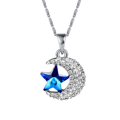 

blue star&moon Pendant Necklace GIFT OF LOVE Made with Swarovski Crystals by Italy Designer