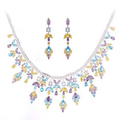 

Aiyaya High Quality Cubic Zircon Waterdrop Leaf Multicolor Flower Earrings&Necklace Sets