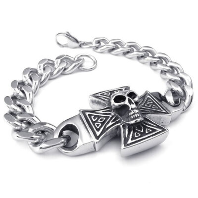 

Hpolw Mens silver Stainless Steel Lobster Clasps Bracelet&Gothic Skullskeleton Cross Charm Biker Link hip hop Bracelets