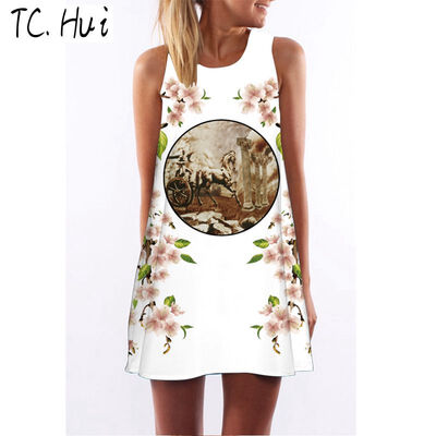

2018 Fashion Women Loose Summer Dress 3D Floral Print Creative Beach Dress Bohemian Sweet Mini Dress