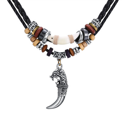 

Men Retro Pendant Black Leather Double Chain Necklace Vintage Fashion Jewelry Stainless Steel Accessories ON022