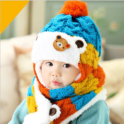 

Buebos Ninos Wool Knitted Hemp Flowers Set Korean Baby Kids Cute Little Bear Three-Colored Earmuffs 2 Pcs Set ( Hat + Scarf