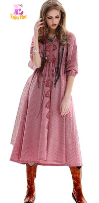 

S M L High Quality chest 88 -96cm vintage cotton summer 2018 print pink long dress women half sleeve embroidery mid calf casual