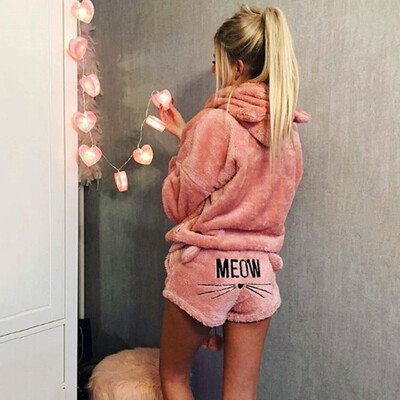 

Womens Solid Color Cute Cat Pajama Suit