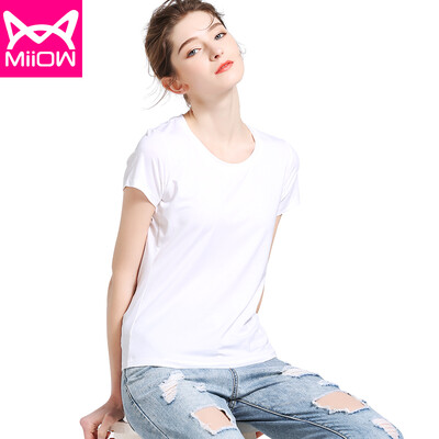 

Cat Man MiiOW T-Shirt Womens T-Shirt 2018 Summer New Casual Round Neck Stretch Slim Half Sleeve T-Shirt Modal Bottoming Shirt MOT815001 Snow White
