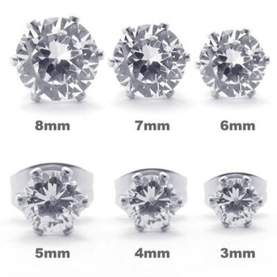 

Hpolw Stainless Steel CZ Stud Earrings Set Mens Womens 1 Pair Silver 3-8mm