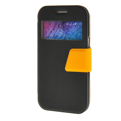 

MOONCASE Galaxy J1 , Slim Window Design Leather Side Flip Bracket ЧЕХОЛ ДЛЯ Samsung Galaxy J1 Black Yellow