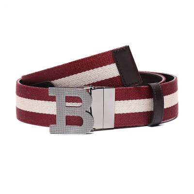 

BALLY Bally Mens Red Beige Striped Fabric with Leather Plate Buckle Double-Sided Belt Belt B BUCKLE 40  TT 2 110cm