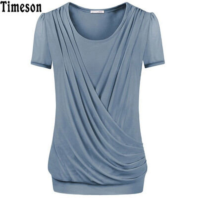 

Timeson 2018 Summer Tops Front Fold Women Short Sleeve T-shirt Casual Plus Size Female Knitted Stretch Solid Tee