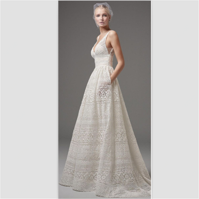 

Womens Elegant Lace Deep V-Neck Dress with Fitted Bodice