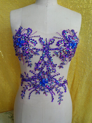 

Deep blue Handmade crystal patches sew on trim Rhinestones applique with stones sequins beads 3434cm for dress