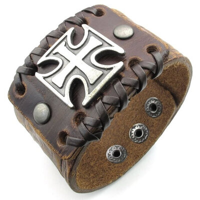 

Hpolw Mens Leather Bracelet Wide Cross Bangle 7-8 inch Adjustable Brown