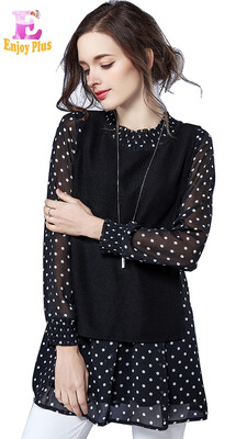 

L XL XXL 3XL 4XL 5XL plus size elegant chiffon spring 2018 blouse for women long sleeve big size black polka dot tow piece lady