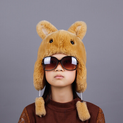 

New winter unisex children rex rabbit fur hat lovely Cartoon rabbit fur hat brim protective ear warm character earmuff hat caps