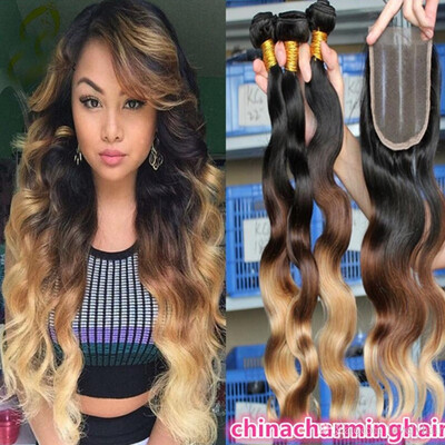 

3 Bundles Ombre Brazilian Straight Human Hair Bundle With Closure Weave 1b427 4x4 Free Part Remy Blonde Lace Closure