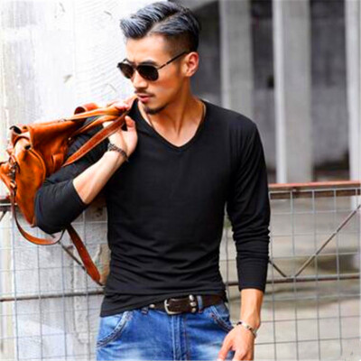 

Mens Wear Fashion V-collar T-shirts Youth Casual Long Sleeves Tops Male Comfortable Cotton Bottoming Shirts