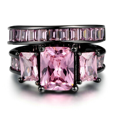 

New Luxury Square Cut Black Gold Color Pink Crystal Finger Ring Sets Fashion Brand Punk Style Jewelry For Women DD002