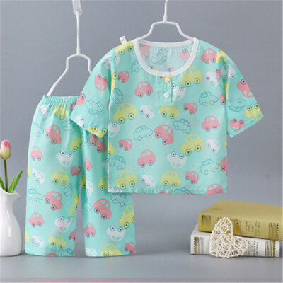 

2018 childrens cotton&silk suit new summer air conditioning suit boys&girls short sleeved pajamas baby home clothes