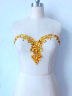 

Pure hand made golden sew on Rhinestones applique on mesh crystals patches 3418cm dress accessory