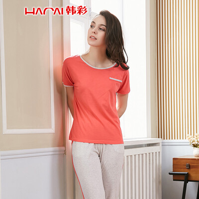 

Han Cai HACAI pajamas womens thin short-sleeved trousers modal cotton solid color simple home service suit light rose red 16590 L