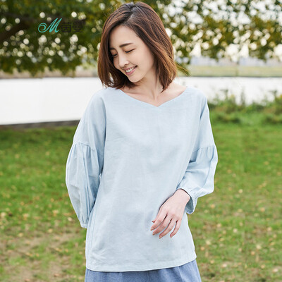 

INMAN literary art before&after wearing long-sleeved V-neck cotton&linen pullover shirt female 18810VP11064 blue green
