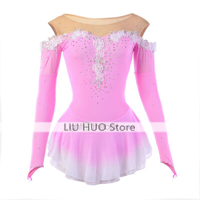 

Figure Skating Dress Womens Girls Ice Skating Dress Pink Spandex Rhinestone Appliques Lace Flower High Elasticity Performance Sk