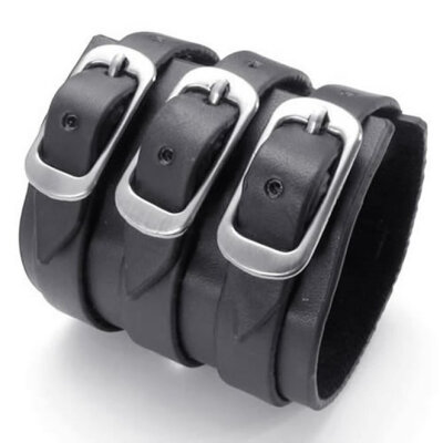 

Hpolw Black Genuine Leather/Alloy Mens Bangle Brand Fashion Punk Wide Cuff men Bracelet