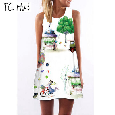 

2018 new trend fashion digital printing round neck strapless dress