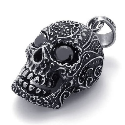 

Hpolw Mens Gothic Biker Tribal Stainless Steel 316L Black Skull/Skeleton Pendant Jewellery Black Stone Necklace,18-26 inch Chain