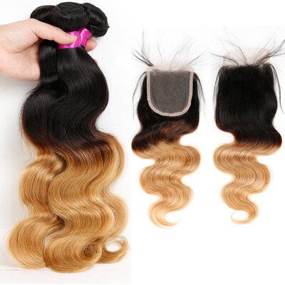 

Ombre Peruvian Body Wave Human Hair Bundles With Lace Closure 1B27 Blonde Remy Human Hair Weave 3 Bundles With Closure