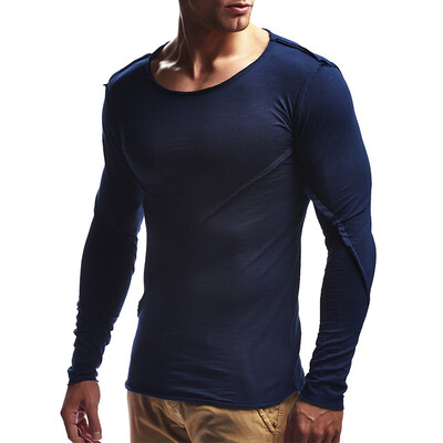 

2018 New Mens Fashion Round Neck Long Sleeves Stitching Striped Solid Slim T-Shirt Sports Outdoor Fitness Top
