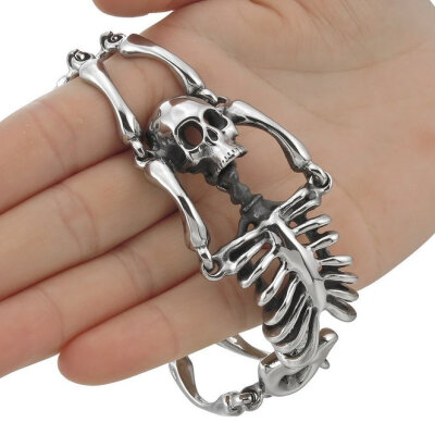 

Hpolw Men New Fashion Vintage Silver Black Stainless Steel 316L SkullSkeleton Bracelet Link Wrist