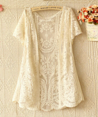 

Women's Hollow-Out Retro Blouse Shirt Lace Embroidery Floral Crochet Short Sleeve Cardigan