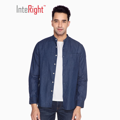 

INTERIGHT casual shirt male Oxford spinning stand collar denim long sleeve shirt dark blue