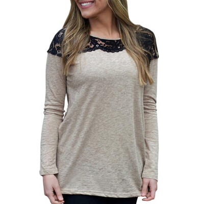 

CT&HF Fashion Women Long Sleeves Cotton&Lace Splicing T-Shirt