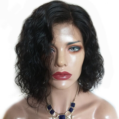 

T-top Hair Water Wave Short Bob Virgin Human Hair Lace Front Wig Swiss Lace Natural Black Color Bleached Knots Human Hair Wig With