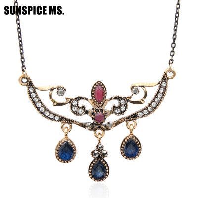 

Simple Style Vintage Turkish Women Flower Pendant Necklaces Antique Gold Color Water Drop Resin Indian Wedding Bridal Jewelry