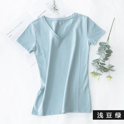 

Kangshu DaiShu solid color simple short-sleeved T-shirt ladies V-neck slim half-sleeve T-shirt tops wild cotton bottoming shirt shallow bean green