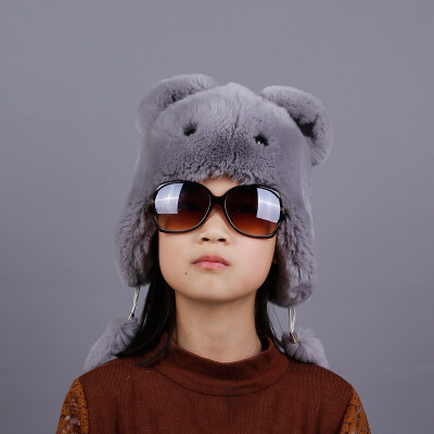 

New winter unisex children rex rabbit fur hat lovely Cartoon rabbit fur hat brim protective ear warm character earmuff hat caps