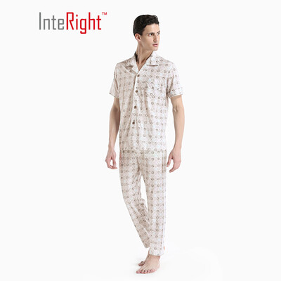 

INTERIGHT home service mens mens cotton print cool short-sleeved home service suit rice white coffee letter printing AM