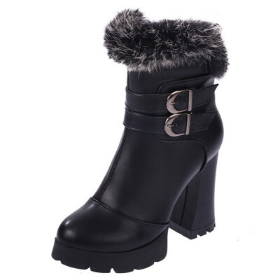 

Fashion Womens Ladies Fur Buckle Ankle Boots Shoes Chunky High Heel Zip Platform