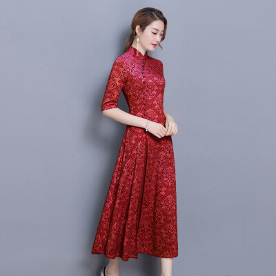 

2018 весной и летом новый Cheongsam длинные кружева cheongsam ретро строчки кружево платье