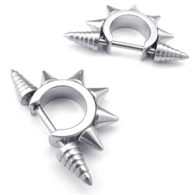 

Hpolw Mens Stainless Steel Punk Hip Hop Awl Taper Stud Huggie Hinged Hoop Earrings Set, Silver