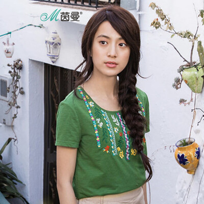 

INMAN 2018 summer new round neck exquisite national embroidery literary fan T-shirt womens shirt 1882022585 Congzhong Green